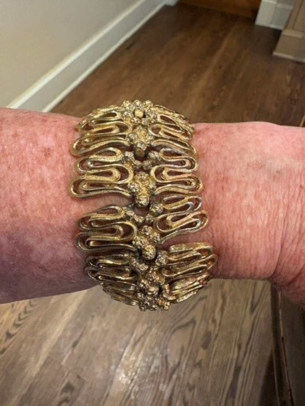 Monet Gold tone wide Gold Nugget textured Ribbon Bracelet -